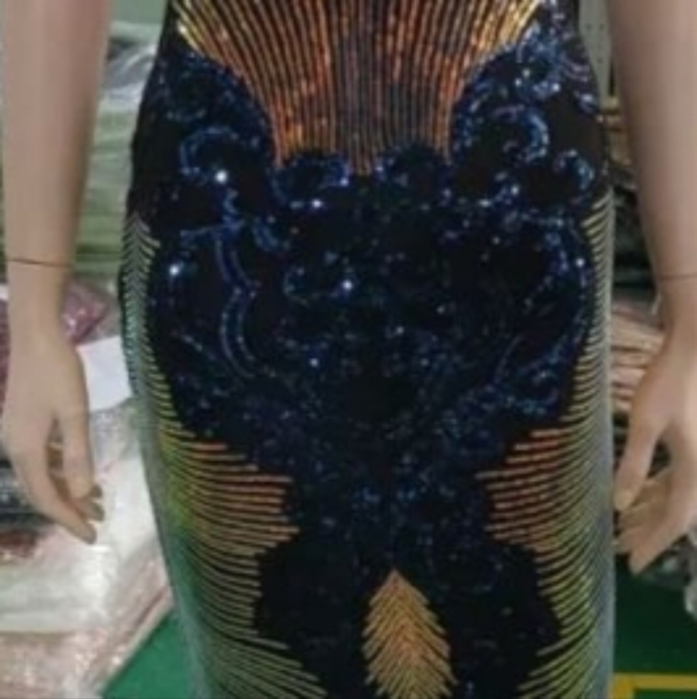 Navy, Floral, Beaded,  Round Back,  Sleeveless,  Sequined Gown - Picture 11 of 15